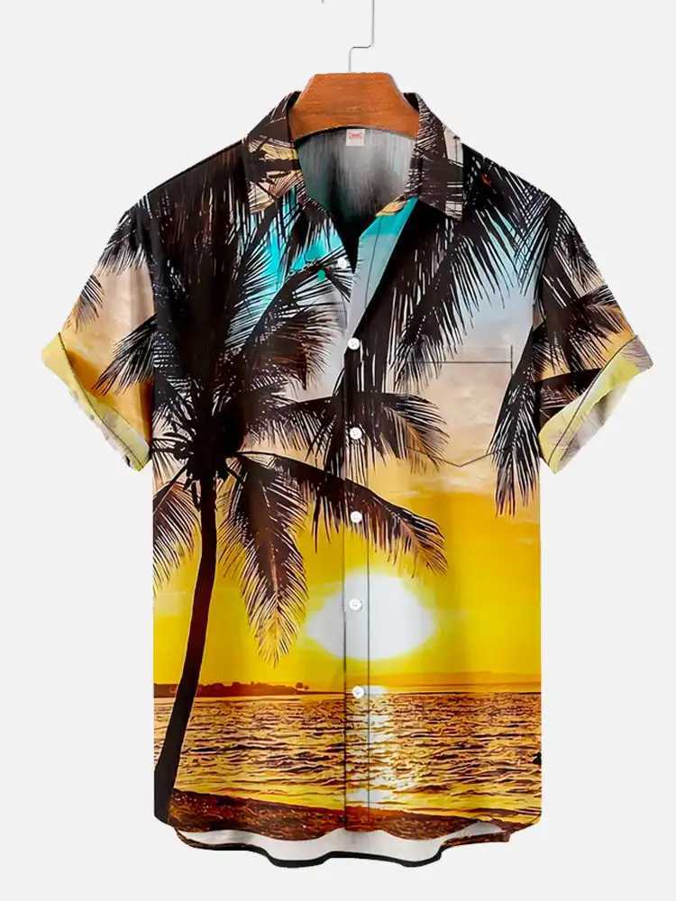 Mens Hawaiian Coconut Tree Pattern Shirt Summer Beach Sunset Shirt Mens Casual Short Sleeve Shirt Exquisite 3D Printed Shirt X250410
