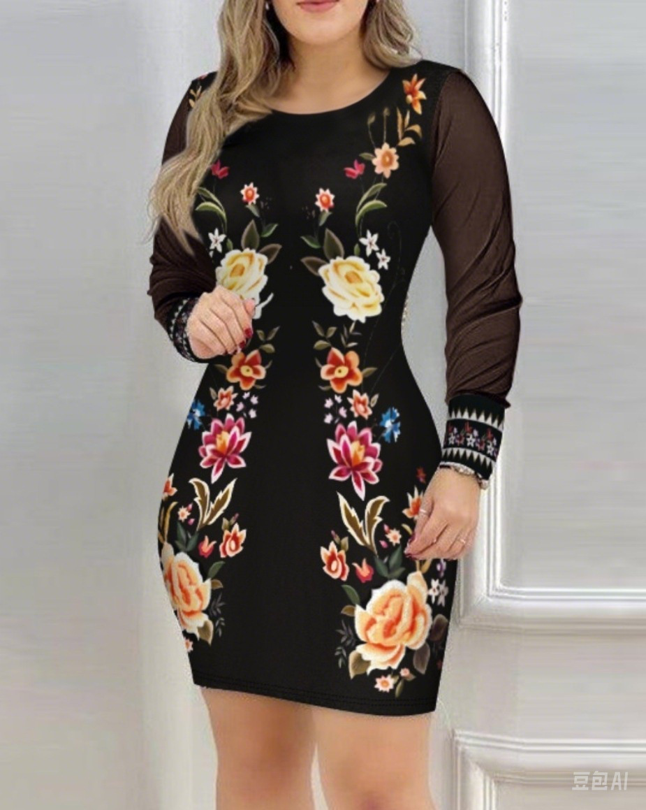 X462Chic Mesh Pattern Slim Fit Women's V-Neck Dress with Extended Length Sleeves for Autumnal Style