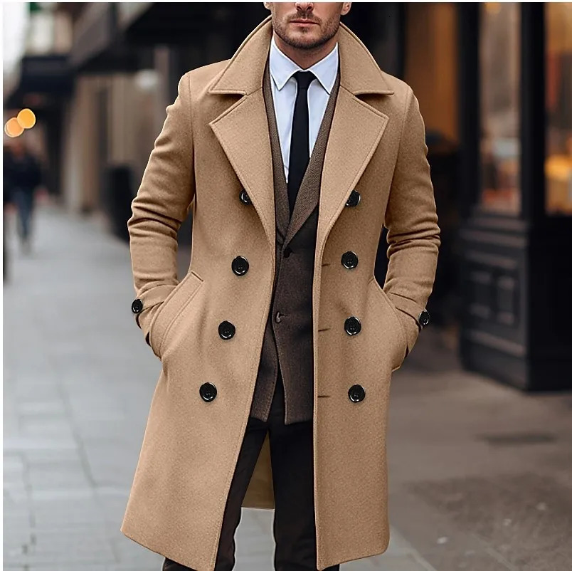 Autumn and Winter Mens Woolen Coat with Double Row Buttons Lapel Long Sleeve Solid Color Windbreaker Pockets Double Breasted 251103