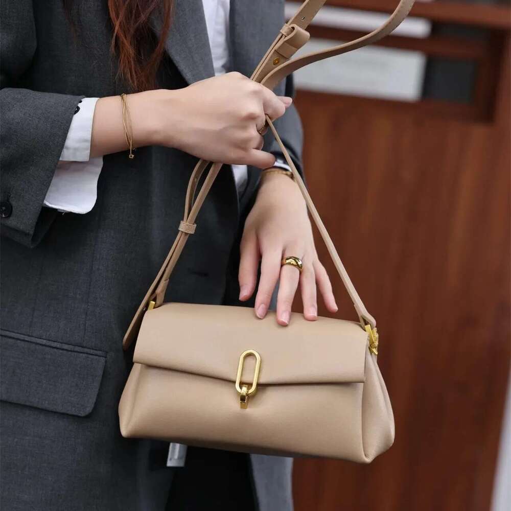 New Multiple Compartments Pockets Flap Small Kakhi Color High-End Split Cow Leather Women's Crossbody Bag