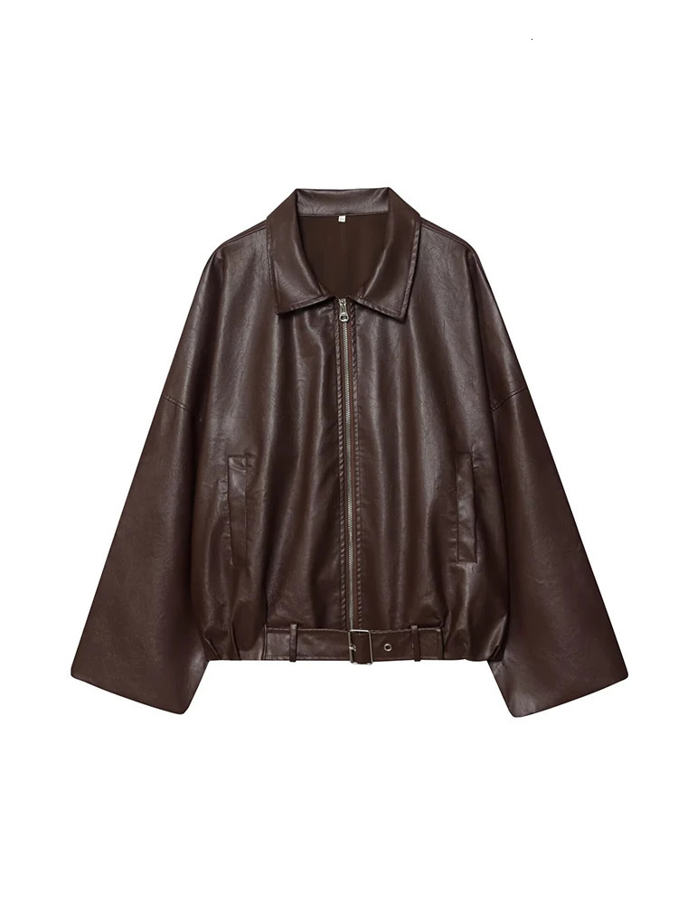 European and American autumn womens retro loose casual temperament simple belt pocket leather jacket 251103