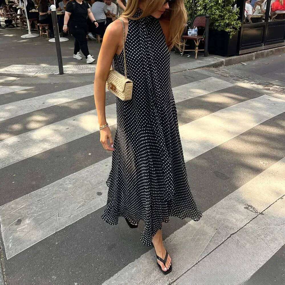 KONDALA Sexy Halter Scarf Dot Print Women Sleeveless Backless Chiffon Holiday Fashion 2025 Summer Loose Beach Dress