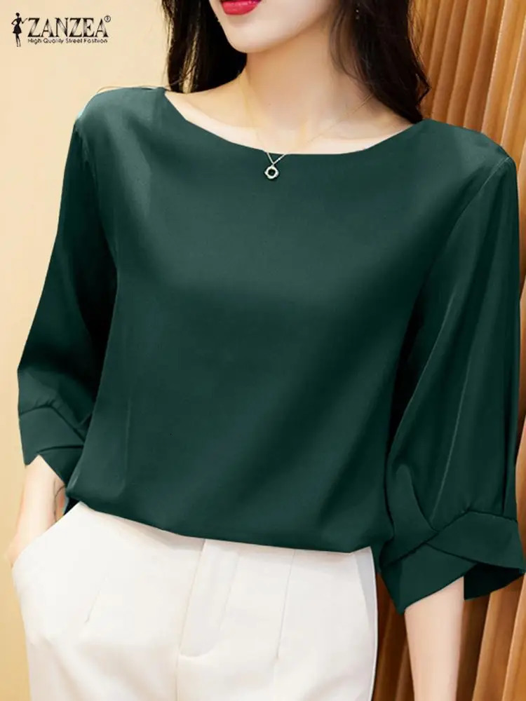 ZANZEA Womens Loose Casual Silk Retro Holiday Shirt Elegant Summer Half Sleeve Satin Solid Work Top Tuning Chemistry 250409