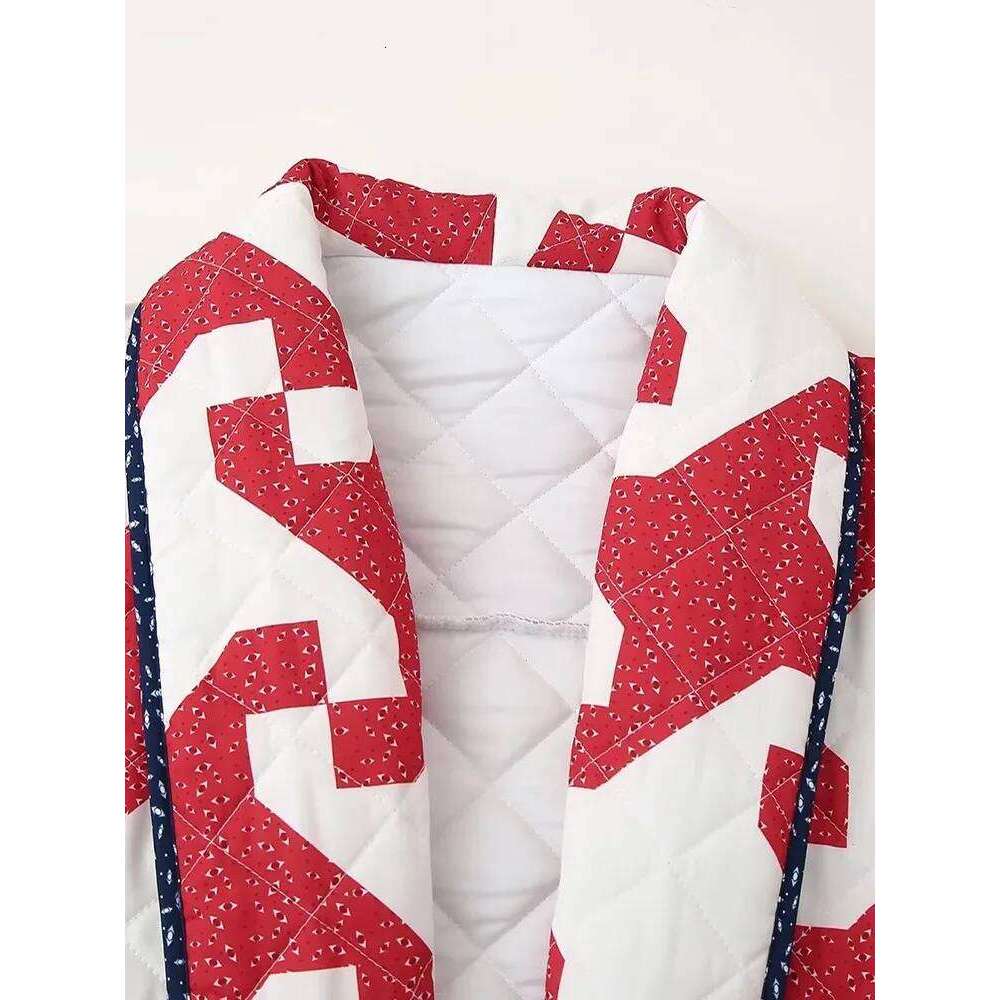 Lapel Printed Colour Blocking Thickened Casual Bohemian Style Cardigan Loose Cotton Jacket Women's