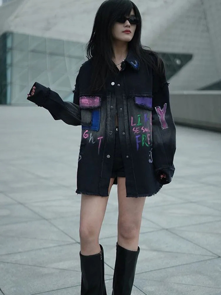 Womens printed denim jacket loose jacket outerwear spring/summer jacket 250409