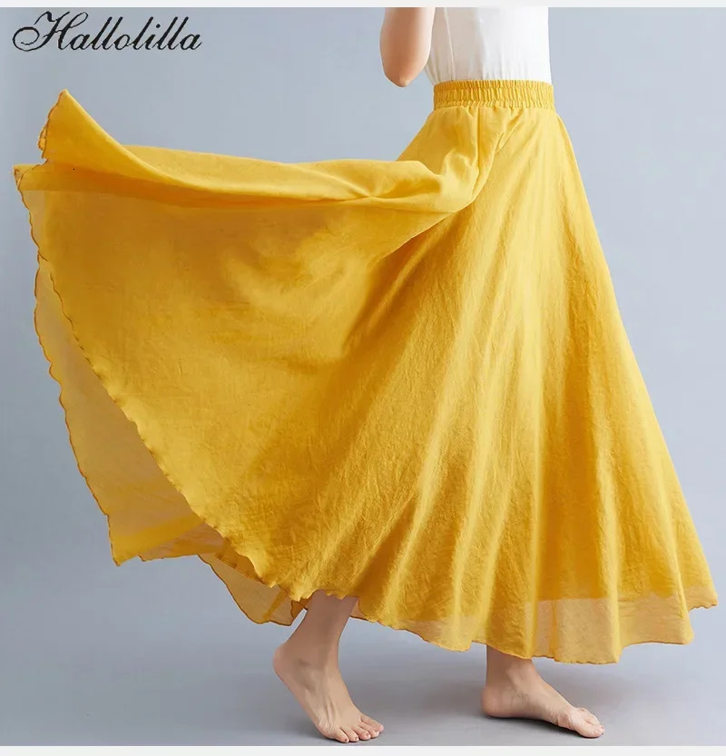 Fashionable pure cotton linen womens skiing Maxi elegant Harajuku Saia casual loose long clothing Faldas Ropa Mujer 250407