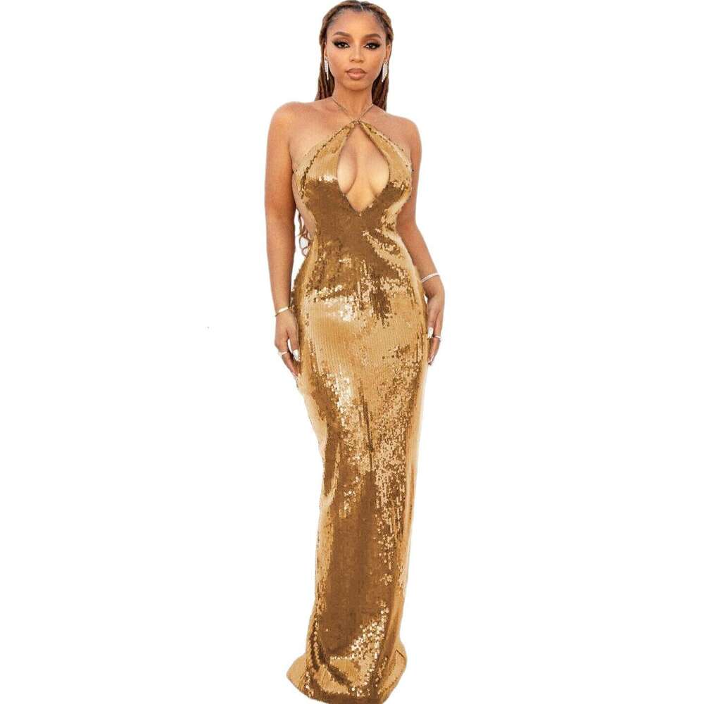Hot Sale gold Sequin Night club maxi dress Halter Neck Hollow Out Backless Long Party Gown SEXY DRESSES FOR WOMEN