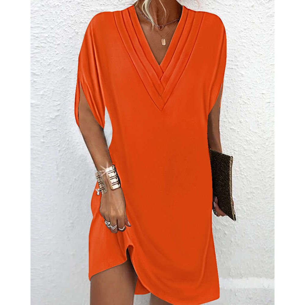 Cross-Border In-Stock 2024 European and American Amazon New Women's Spring Summer V-Neck Pleated Batwing Sleeve Dress