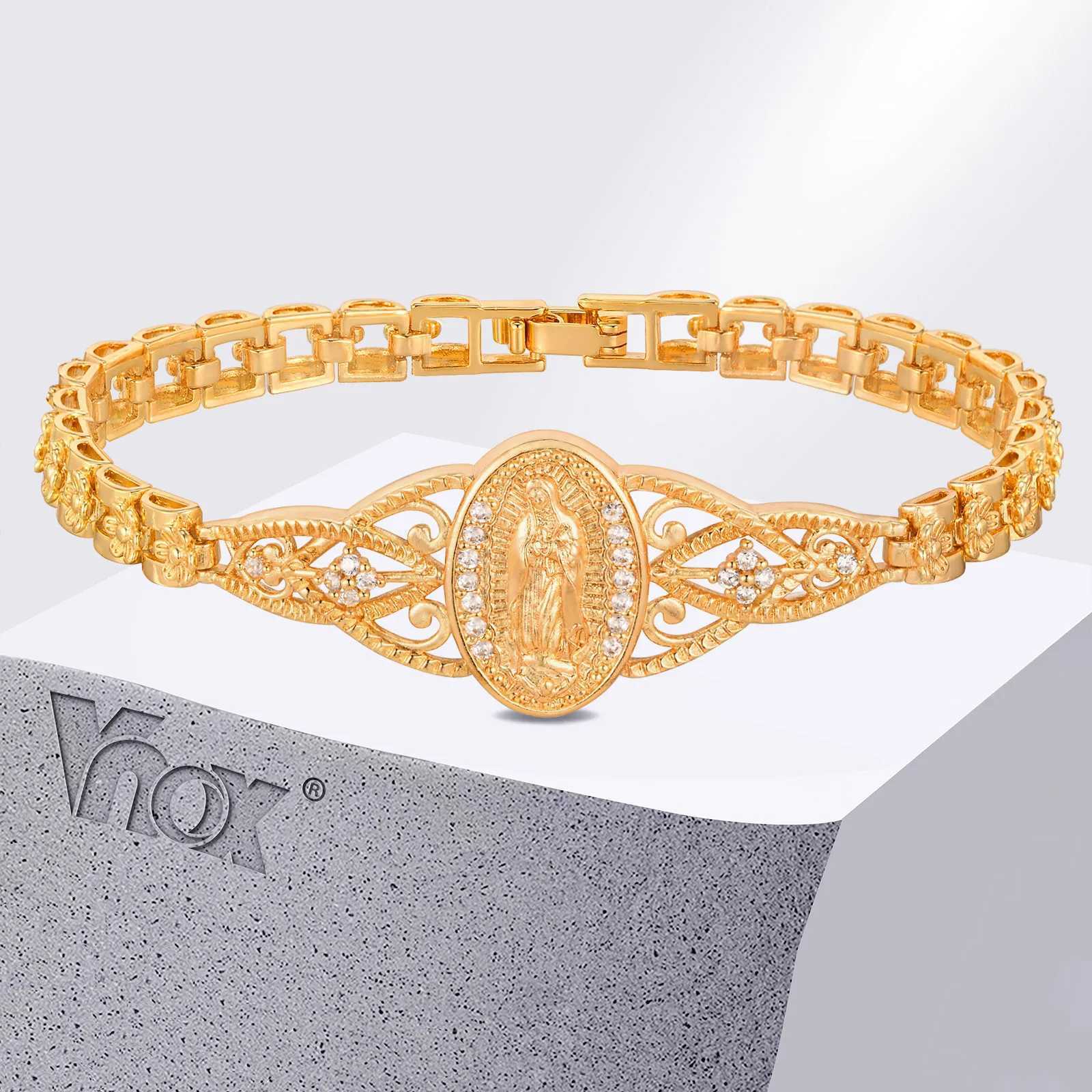 Vnox Catholic Bracelet for Women14k Gold Plated BraceletDainty Cubic Zirconia Religious Baptism Virgin Mary Bracelets GiftsT251110