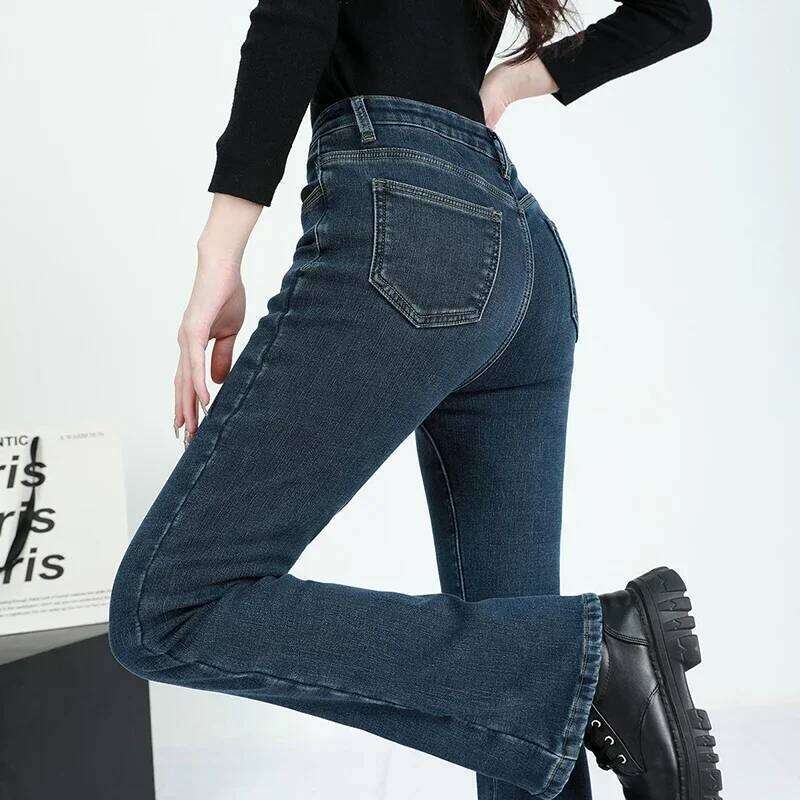 2025 Winter Fleece Women's Flare Retro Slim High Waist Elastic Cotton Thick Warm Denim Pants Fashion Korean Female Clothes