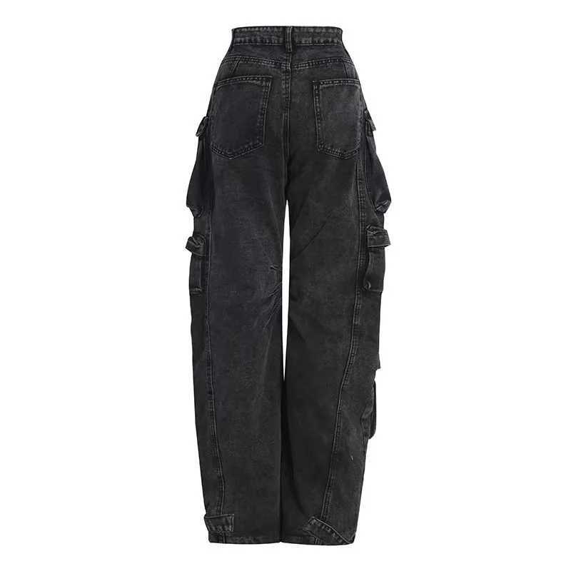 Trendy Womens Denim Workwear Street Style Black Grey Multi-Pocket Jeans American Casual High-Waist Functional Design C251110
