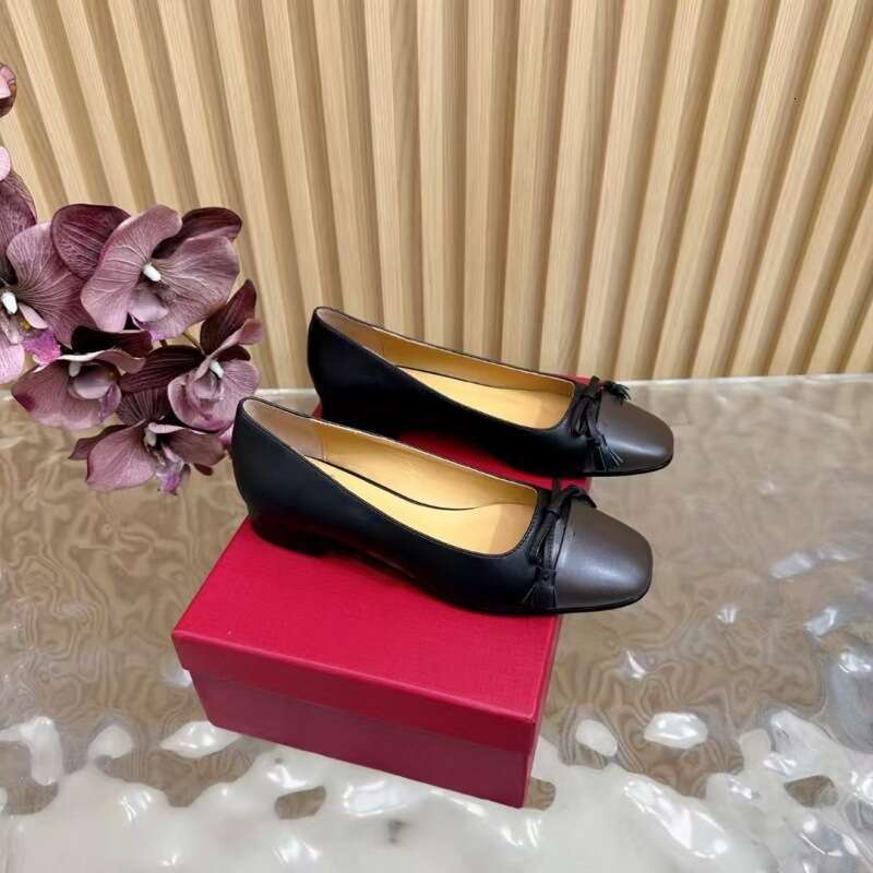 2025 Autumn Winter New Square Toe Bowknot Color Block Genuine Leather Flat Large Size Ballet Mary Jane Shoes For Women