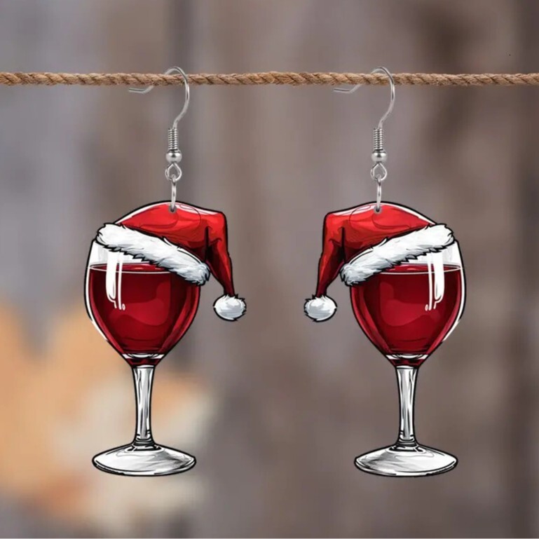 Christmas Wine Glass Pendant for Women Cartoon Acrylic Red Santa Hat Earrings