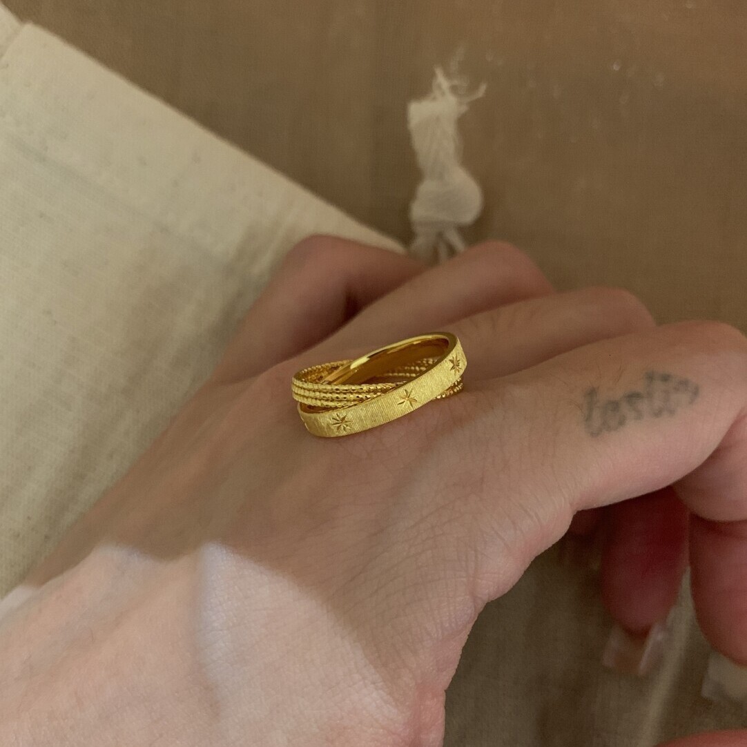 S925 Sterling Silver Designer Ring Mercury Note Small Double Ring Brushed Gold Bead Women's Starlight Ring Retro Style Retro Fashion Ring