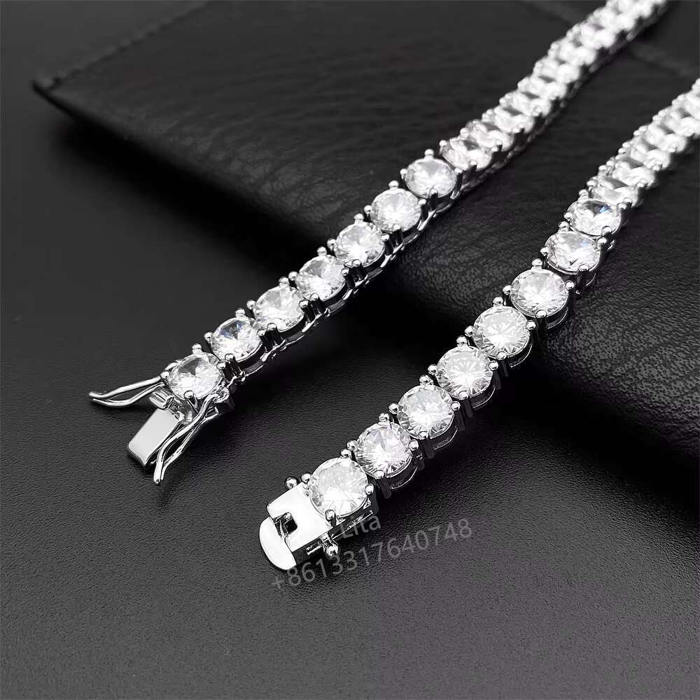 925 Sterling Silver Rhodium Plated 8mm Round Cut Hip-hop Iced Out Vvs Moissanite Tennis Chain