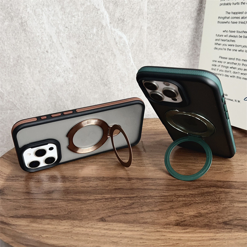 For Magsafe Magnetic Kickstand Stand Matte Case For iPhone 17 air 16 15 14 Plus 13 12 11 Pro Max Transparent Metal Wireless Charge Ring Cover
