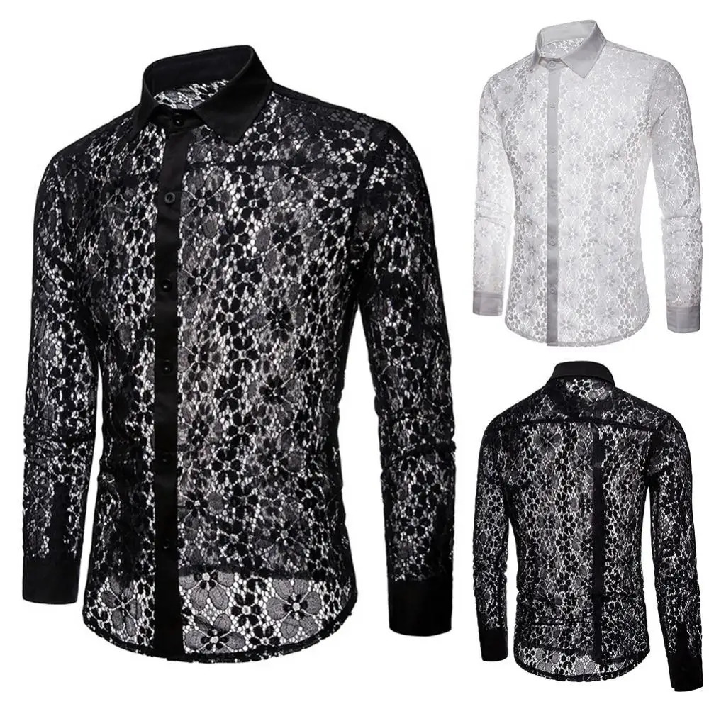 Turn Down Collar Cotton Men Shirts Long Sleeve Buttons Shirt Men Solid Color Sexy Lace See Through Clubwear Down Shirt 250408