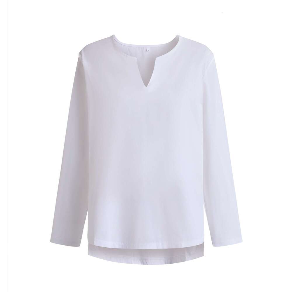 2025 Autumn Youth T-Shirt Cotton Linen Solid Color Loose Fit Chinese Style V-Neck Men's Long Sleeve Shirt