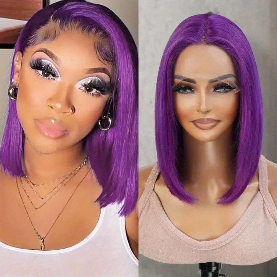 Glueless Brazilian Human Hair Wig - Purple Short Straight Bob With T-Part Front, 13X5x1 Lace Area, 100% Remy Hair, No Glue Needed, Comfortable &