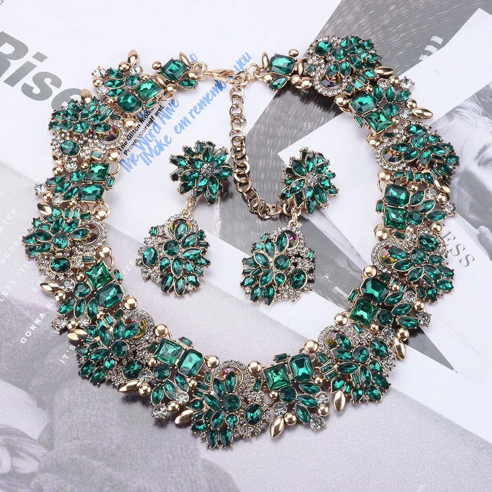 2025 Fashion Green Crystal Rhinestone Large Collar Big Choker Necklace Women Statement Indian Necklace Wedding Jewelry 250409