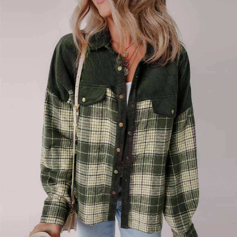 Wish Cross-Border Amazon Foreign Trade European and American Plaid Color-Block Corduroy Jacket 2025 Autumn Winter Long Sleeve Top for Women