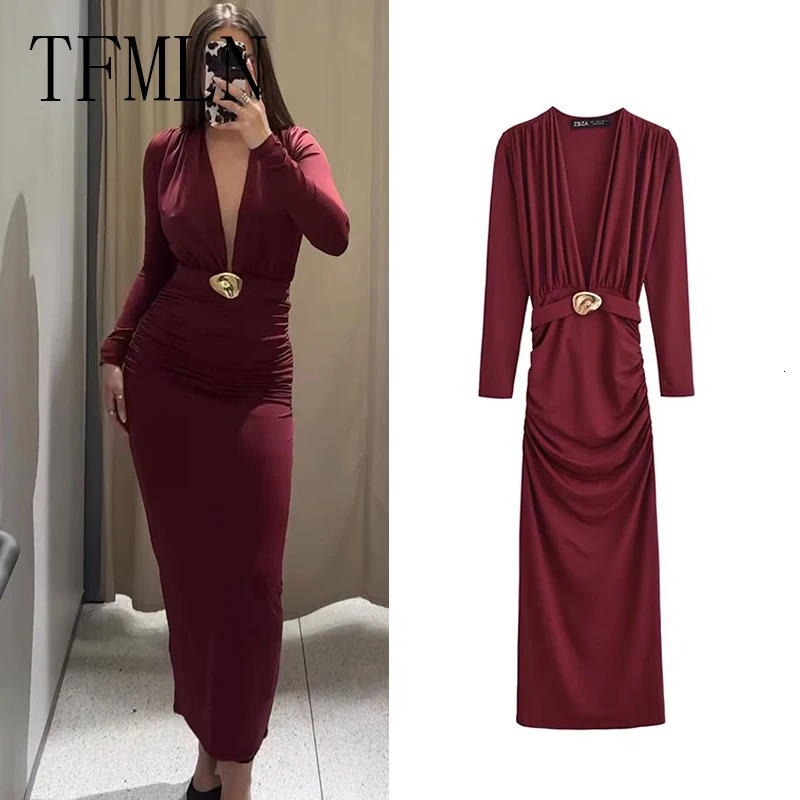 TFMLN elegant womens dark V-neck long dress summer sexy ultra-thin full sleeve party pleated dress fashionable womens waist chic dress 250409