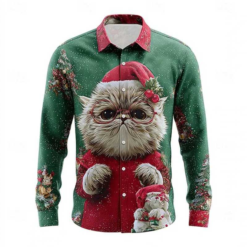 Mens Snowflake Christmas Animal Shirt Long Sleeve Fun Outdoor Holiday Spring Autumn Lapel 3D Printed Lapel Lining Red Blue K251110