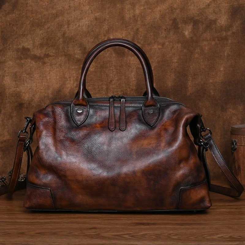 MOTAORA Leather Handbag for Women Vintage Boston Style Soft Cowhide Large Capacity Travel Shoulder Bag K251110