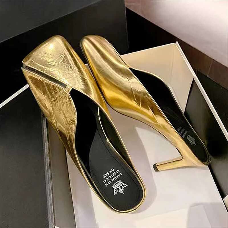 Square Toe High Heels Slippers Women Sandals Summer 2025 Brand Mules Leather Sexy Sgback Shoes Woman Pumps Sandalias