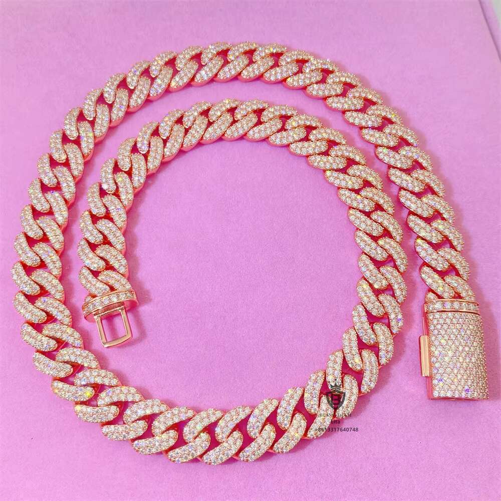 Pass Tester Hand Setting Hip Hop Jewelry 13mm 15mm Silver Iced Out Two Rows VVS Moissanite Cuban Link Chain