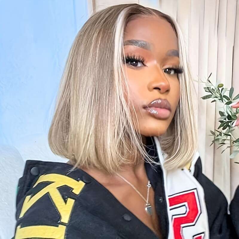 Klaiyi Blonde With Brown Root Wigs Short 7X5 Bye Wig Ready To Wear, Versatile Wig, Quick Hairstyle, Straight Hair, Bob Cut, Realistic Knots