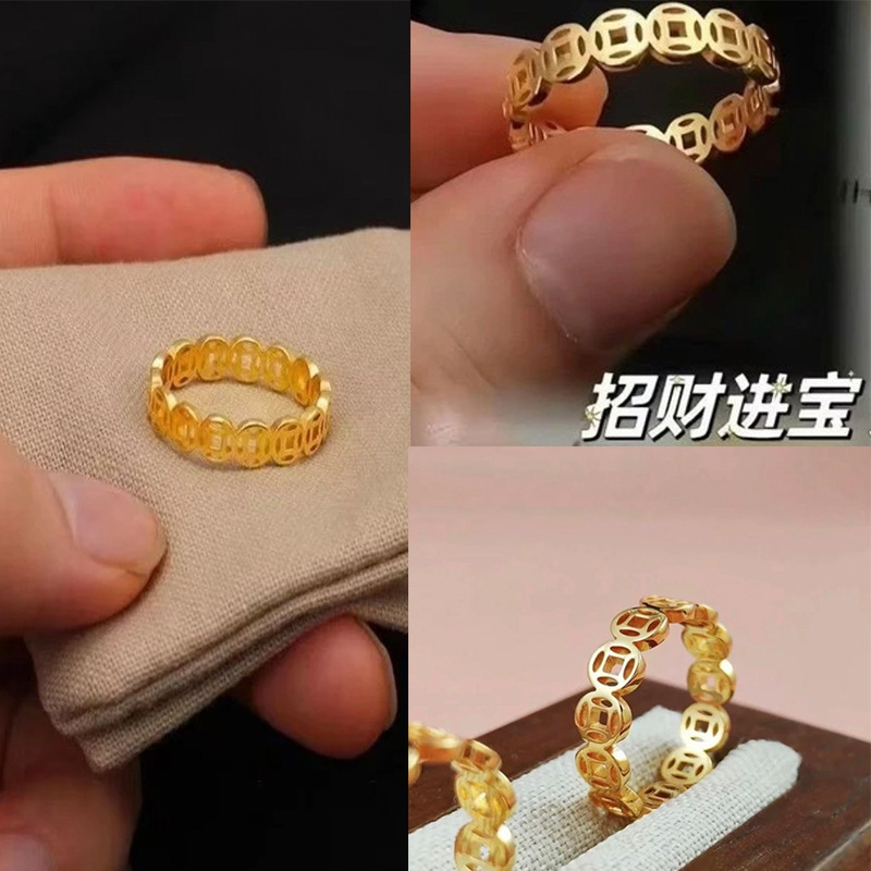 18K Gold Retro Titanium Steel Copper Coin Ring Stainless Steel Designer Ring Steel Wealth Attraction Fashion Ring Remittance Ring Index Finger Neutral