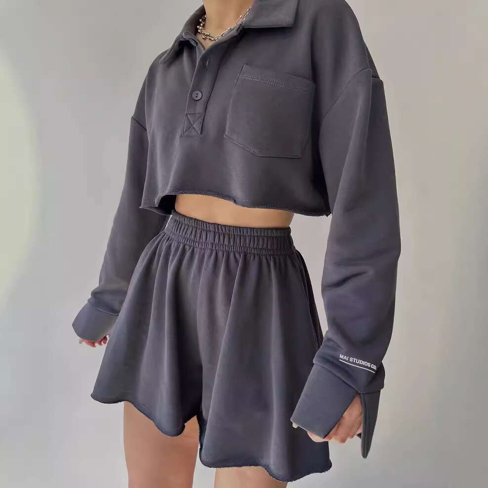 2024 European and American new solid color long sleeved short casual cardigan top drawstring shorts set