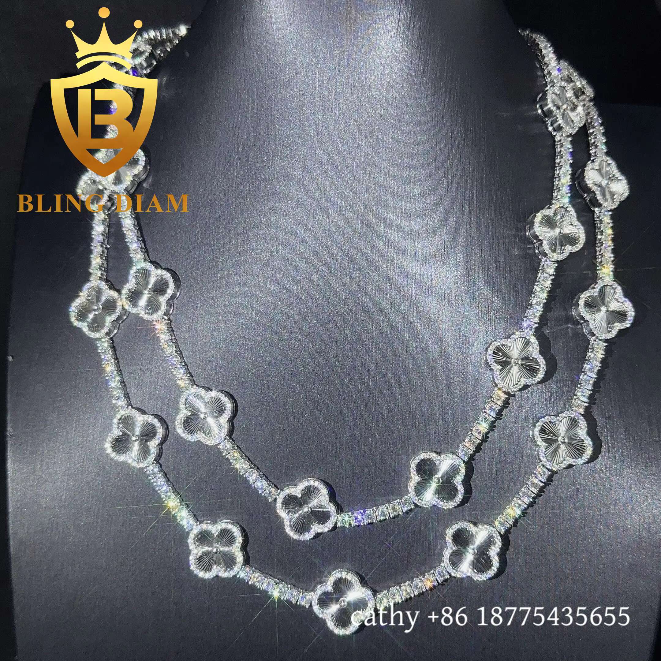 Fashion Iced Out Four Leaf Flower Moissanite Tennis Chain Bracelet 925 Sterling Silver 3mm Charm Moissanite Bracelet Pass test