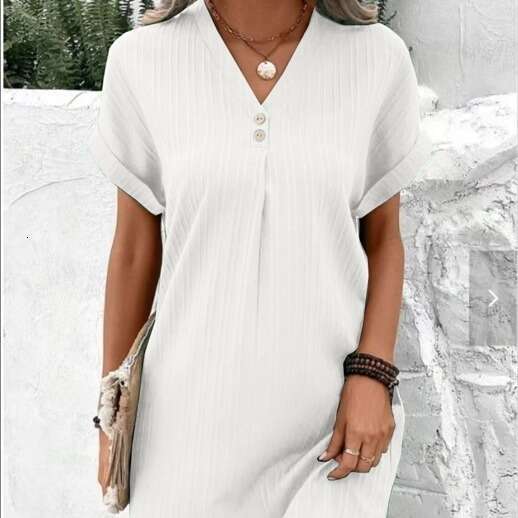 2023 New European and American Women's Fashion Amazon V-Neck Solid Color Pullover Comfortable Casual Button Dress