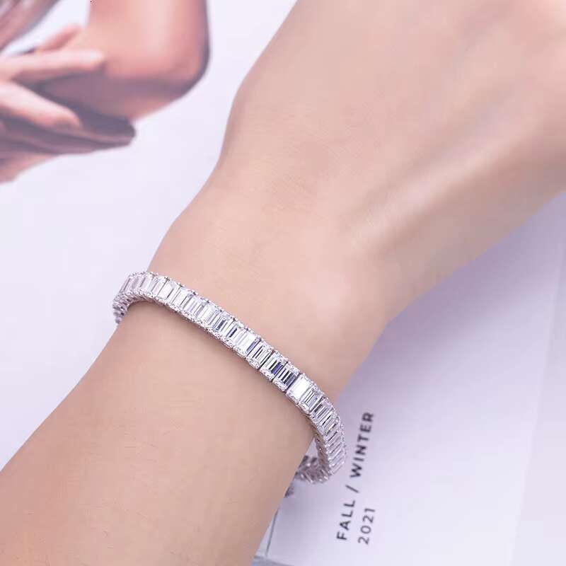 14K White Gold and Emerald Cut Moissanite Gemstone Women Tennis Chain Bracelet