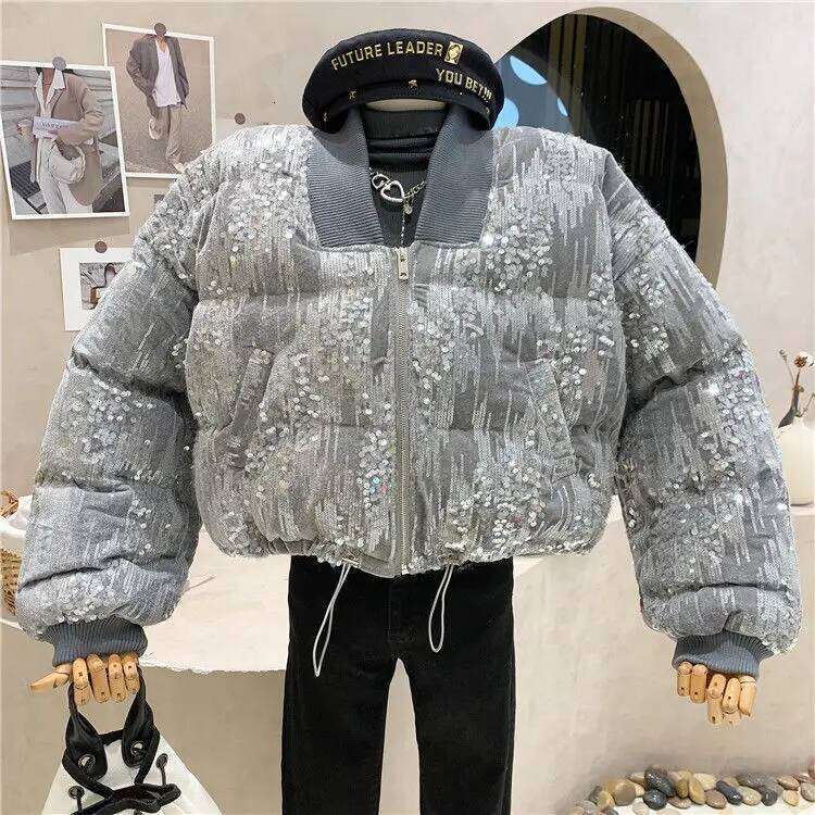 Sequins Women Parkas Fashion Zipper Loose Puffer Jacket Thick Warm Overcoat Winter Cotton Coat