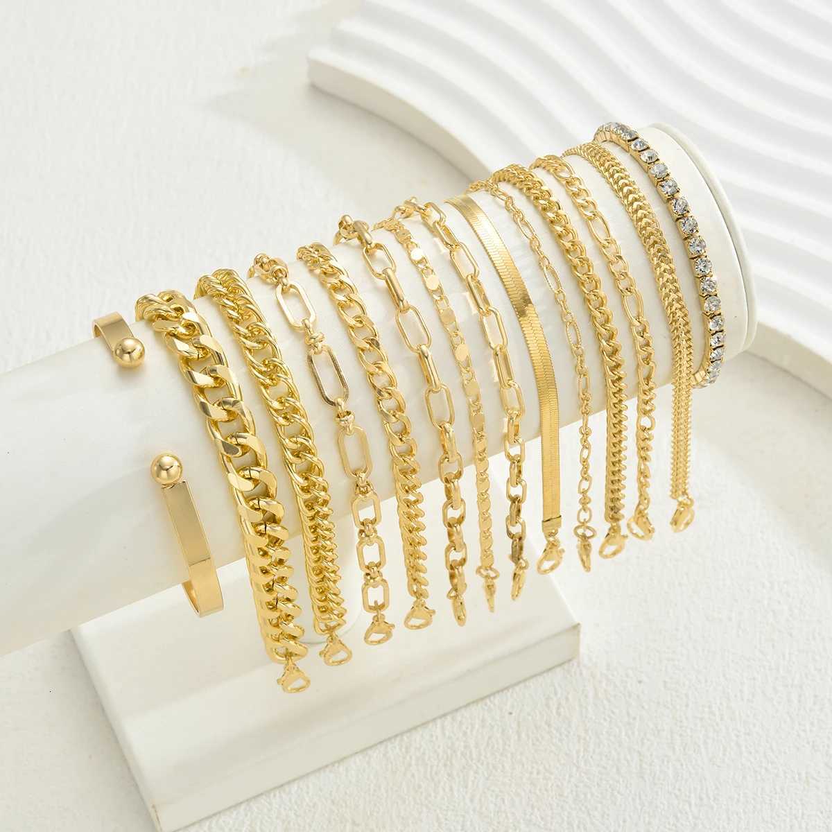 14pcs Elegant Minimalist Multi-Element Metal Chain Bracelet Set Vintage Rhinestone Twist Chain Metal Bracelets For Women JewelryT251110