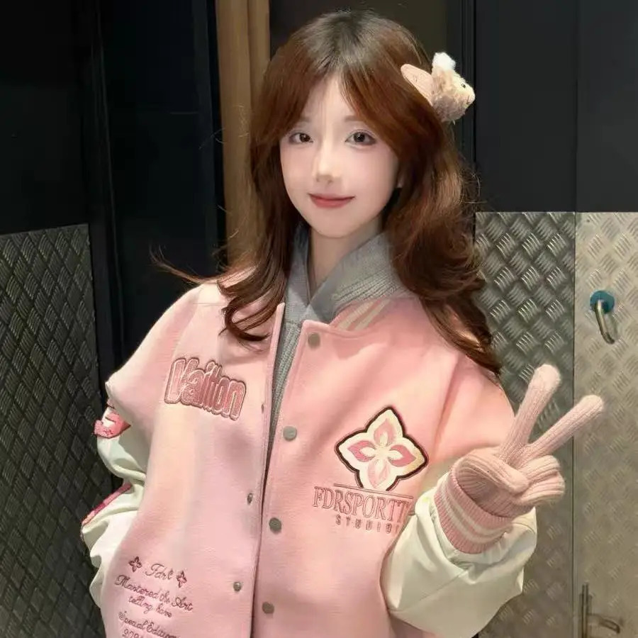 Harajuku Trendy American Y2K Pink Splicing Plush ed Pattern Bomber Jacket Womens Spring 90s Style 250410