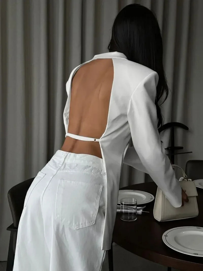 Elegant Womens Backless Black Suit 2025 Spring Chic Long Sleeve Covered Buttons Hollow Out Blazers White Tops Coat Outerwear 250408
