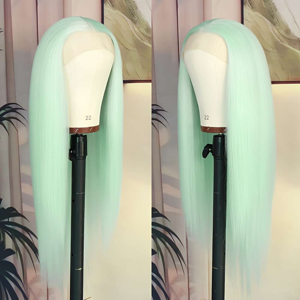 28-Inch Light Green Glueless Wig - Long Straight Heat-Resistant Hair, Pre-Plucked Middle Part, 180% Density, 13X4 Women, Perfect For Daily Wear & Part