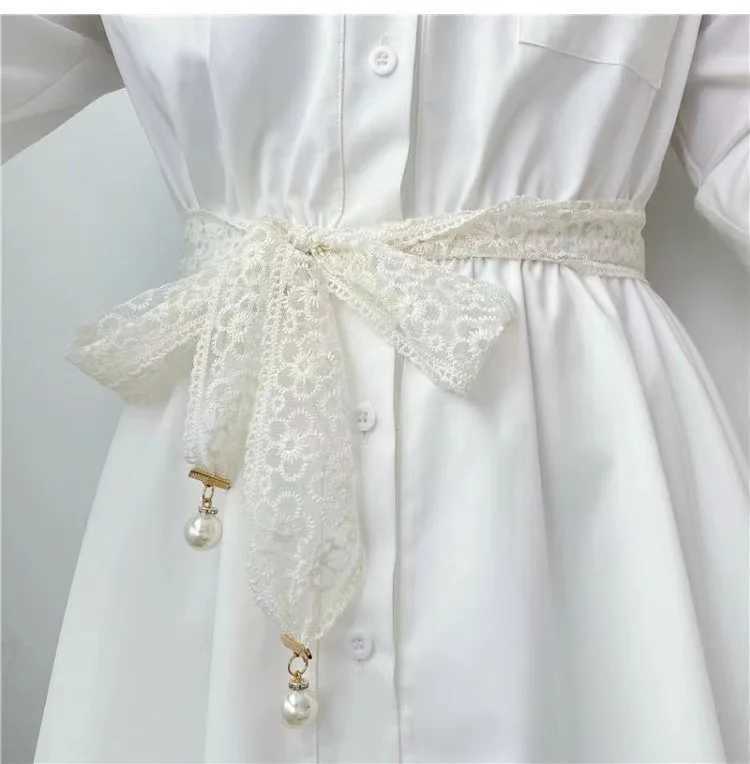 New Korean style elegant lace tie with pearl pendant long ribbon scarf jacket decoration waist chain new X250410