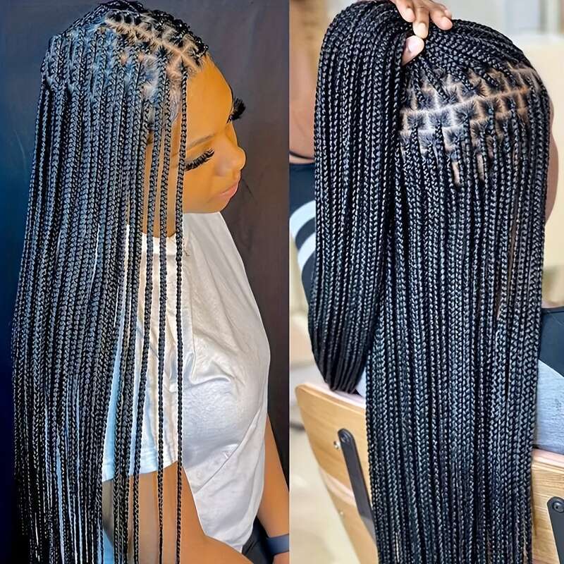 36-Inch Full Lace Braided Wig - Knot-Free Box Braided, Easy To Wear, High-Temperature Fiber, Straight Hair, Elegant Style, For All Occasions