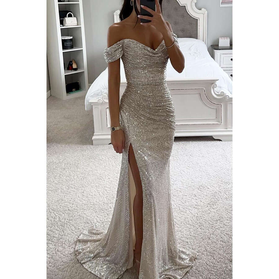 Single-Neck Sequin Slit Evening Fashion European SEXY DRESSES FOR WOMEN Women's Night club maxi dress