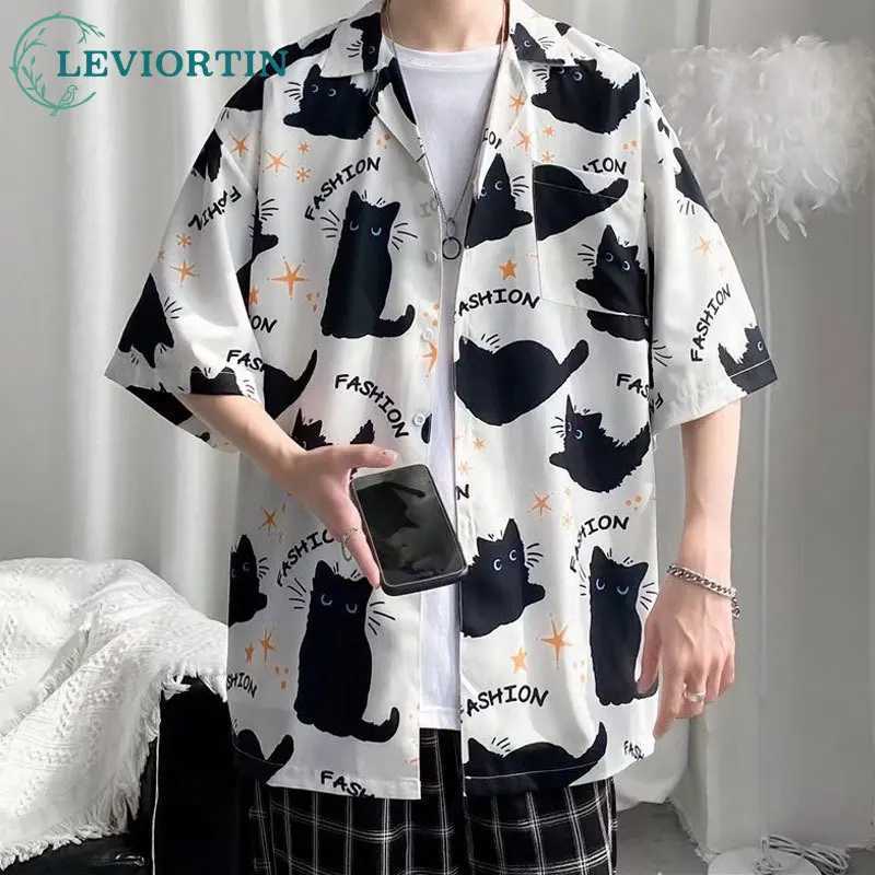 Summer Hawaiian mens hip-hop mens Japanese geisha funny print white pink shirt mens casual holiday top X250410