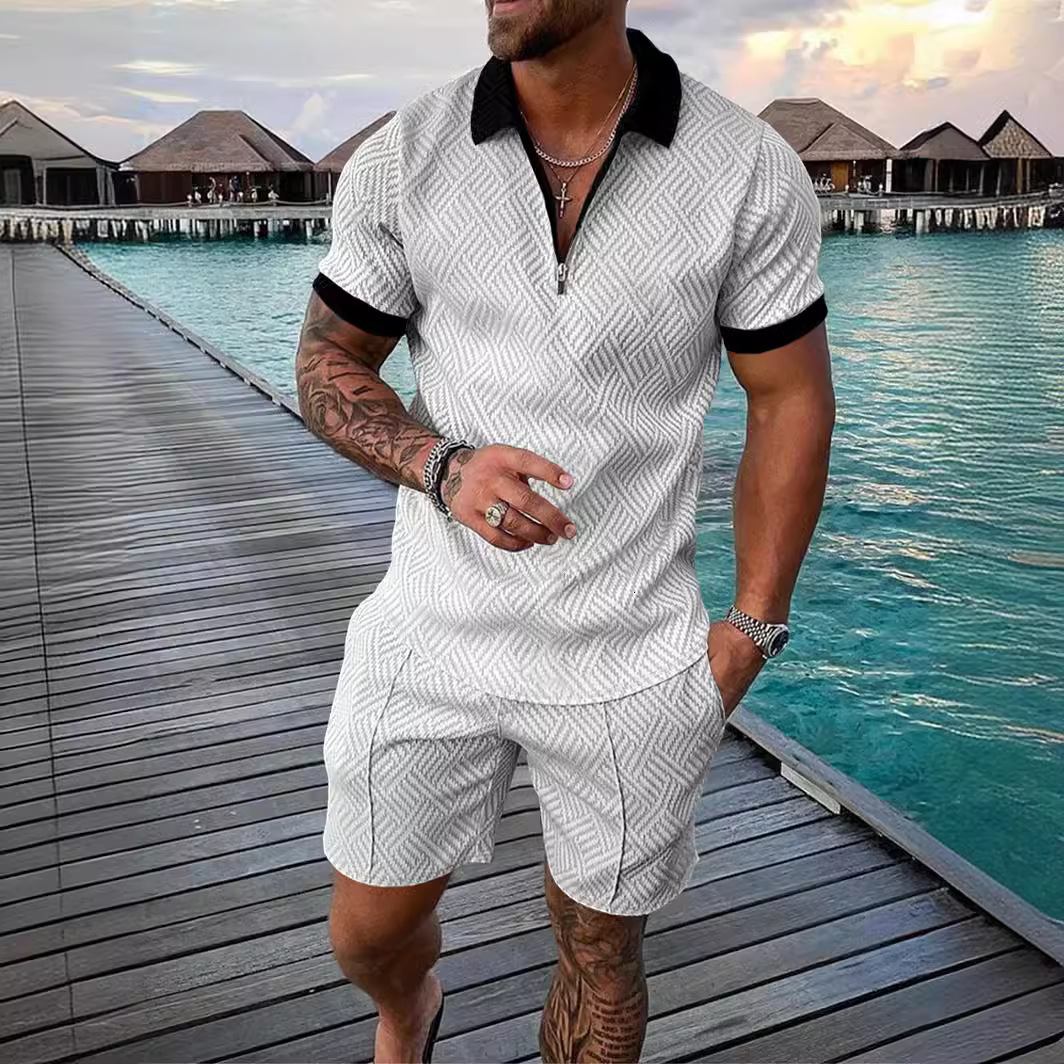 2025 mens new casual contrast Polo zipper Lapel short sleeve suit