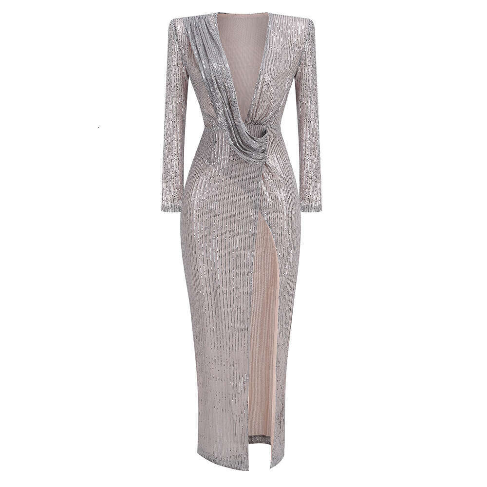 New Style Hot-Selling Sequin Deep V Pleated Night club maxi dress Celebrity Long Sleeve Evening Gown SEXY DRESSES FOR WOMEN