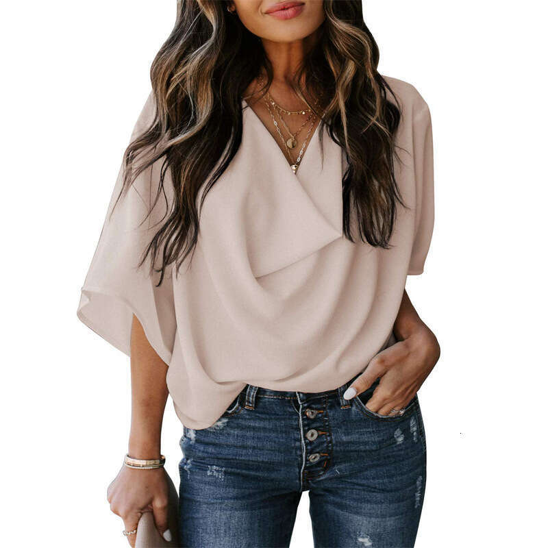 2023 Amazon Wish Independent Station New European and American Chiffon Shirt Loose V-Neck Casual Top T-Shirt Women's Clothing