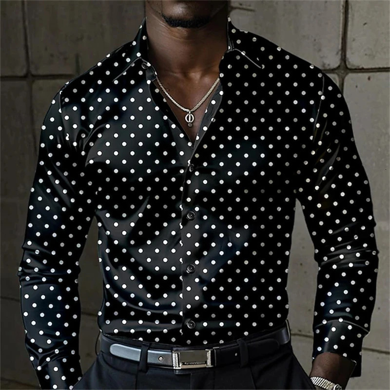 Fashion Mens Elegant Shirt Spotted 3D Printed Lapel Button Up Classic Long Sleeve Shirt Temperament Mens Partywear 250408
