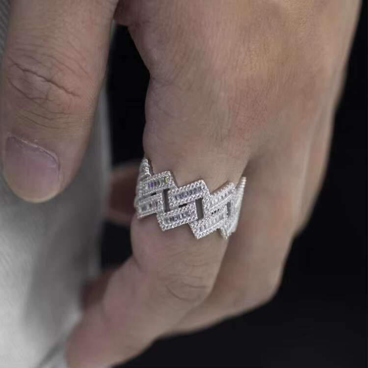 Hip Hop Men Women Fine Jewelry Iced Out Gold Plated 925 Sterling Silver VVS Baguette Moissanite Diamond Cuban Link Ring